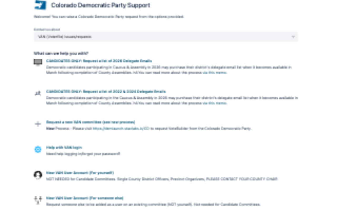 Screenshot of the live Colorado Democratic Party support portal managed by stac labs